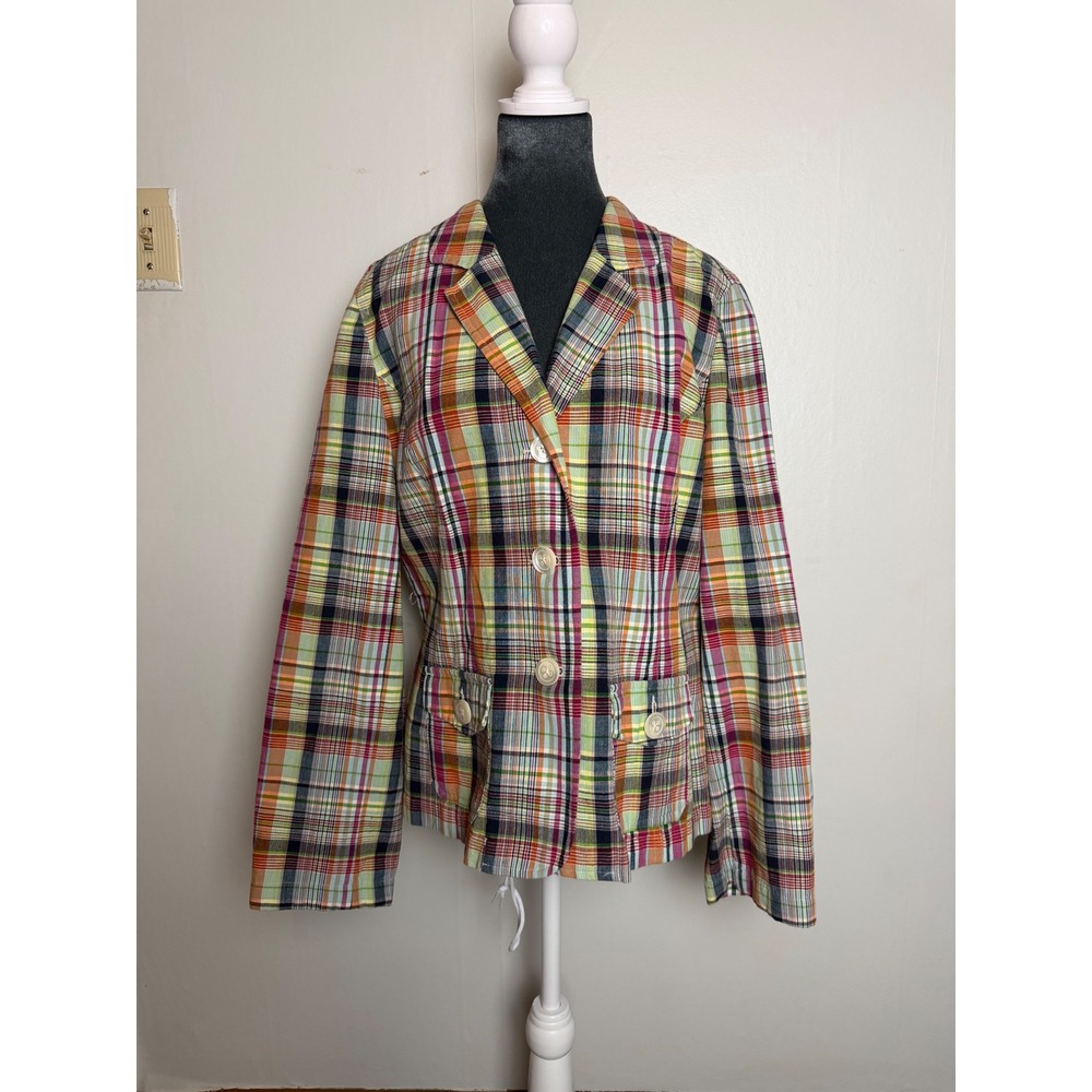 Talbots vintage Plaid madras Cotton Linen Blazer‎ Jacket preppy coastal large